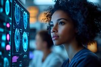 Young African American female doctor analyzing brain scan results on digital screens in medical laboratory, illuminated by blue technology interface glow.