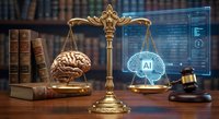Golden scales of justice balancing human brain and AI technology in law office with legal books and gavel, representing ethics in artificial intelligence.