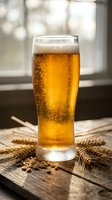 Fresh golden beer in tall glass with foam head and bubbles on rustic wooden table with wheat stalks and barley grains for brewery and pub concepts.