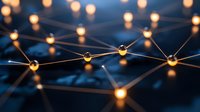 Glowing network nodes connected by illuminated lines against dark background, representing digital connectivity and neural networks in technology.