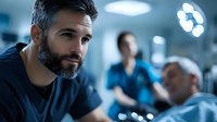 Professional male doctor with beard examining elderly patient in modern hospital setting with medical team in background.