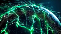 Glowing green neural network connections on dark background with bokeh light effects and particle elements create futuristic technological concept.