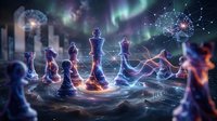 Chess pieces on futuristic board with glowing neural networks and aurora lights creating strategic gaming atmosphere for technology concepts.