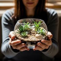 Young woman holding glass terrarium bowl with succulent plants and decorative stones for home gardening and interior decoration projects.