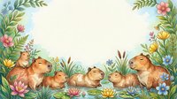 Capybaras and offspring surrounded by colorful flowers and foliage on isolated background, suitable for children's book illustrations, nursery decor, greeting cards, and fabric design projects.