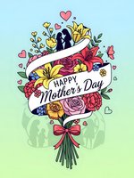 Happy Mother's Day greeting card with colorful flower bouquet, ribbon banner and heart decorations on gradient background for celebration design.