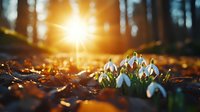 Delicate white snowdrop flowers blooming through autumn leaves in forest with warm golden sunlight creating magical spring awakening scene for nature photography.