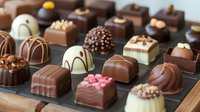 Assortment of gourmet chocolate pralines and truffles with various decorations and fillings arranged on display tray.