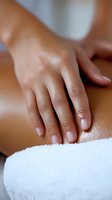 Professional massage therapist hands performing relaxing back massage treatment on client skin with oil for wellness and stress relief therapy.