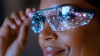 Young African American woman wearing futuristic augmented reality glasses with glowing digital interface reflections and holographic elements, smiling confidently.