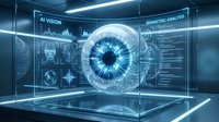 Futuristic holographic eye scanner interface with biometric analysis data displays in high-tech laboratory environment for security technology applications.