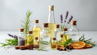Collection of essential oils in glass bottles with cork stoppers, featuring lavender, rosemary and citrus aromatherapy ingredients on white background.