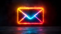 Glowing neon mail envelope sign with orange and blue light effect on dark background with reflection on wet surface. Digital art for communication concept.