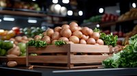 Fresh brown eggs in wooden crates at farmers market display with organic produce and leafy greens, selective focus on rustic retail arrangement.
