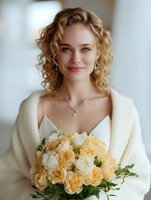 Young Caucasian bride with curly blonde hair wearing white fur wrap holds peach and cream rose bouquet, soft natural lighting creates romantic wedding day portrait.