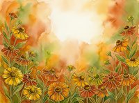 Watercolor autumn flowers frame with warm orange yellow blooms creating decorative border on textured background for seasonal greeting cards and designs.