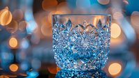 Crystal cut glass with blue tint against blurred warm bokeh background, creating elegant contrast for luxury beverage presentation.