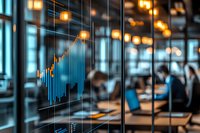 Financial data graph display with glowing orange chart lines against blurred modern office background showing business analytics and market trends in evening lighting.