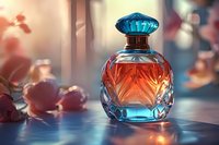 Elegant perfume bottle with blue crystal cap and amber liquid against soft bokeh background with pink floral elements creating luxurious cosmetic atmosphere.