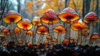 Glowing orange mushrooms with red spotted caps growing in dark soil against autumn forest background, creating magical woodland atmosphere in nature.