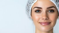 Young woman with natural makeup wearing protective disposable cap smiling at camera against white background, closeup portrait for medical, spa or beauty industry.