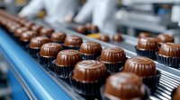 Chocolate candies with ribbed dome shape moving on automated production line conveyor belt in confectionery factory. Industrial food manufacturing process.
