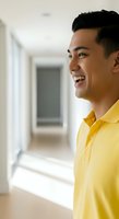 Young Asian man wearing bright yellow polo shirt, smiling cheerfully in modern hallway with white walls and natural light. Suitable for business, lifestyle, and corporate communications.