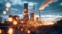 Industrial power plant with glowing sparks and smoke stacks against dramatic evening sky, creating atmospheric mood with bokeh light effects in foreground.