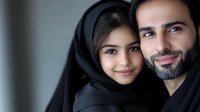 Middle Eastern father and daughter wearing traditional black clothing share tender moment in intimate portrait highlighting family bonds and cultural heritage.