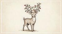 Cute deer with floral antlers and string lights standing on beige background. Festive woodland animal illustration for holiday decorations and greeting cards.