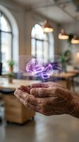 Elderly hands holding holographic brain projection in modern office space representing artificial intelligence, neuroscience and cognitive technology concepts.