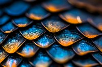 Macro shot of overlapping fish scales with metallic blue and golden orange coloring, displaying intricate texture and reflective surfaces for nature and wildlife design projects.