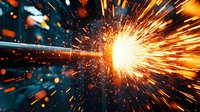 Dramatic explosion of bright orange sparks and glowing particles against dark background, dynamic motion blur effect creating radial light burst pattern.