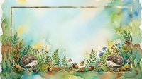 Watercolor woodland scene with hedgehogs, ferns, and wildflowers in soft pastels. Isolated on white background, ready for nursery decor, children's book illustration, greeting cards, and design projects.