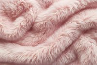 Soft pink faux fur fabric texture with gentle folds and waves creating luxurious plush surface pattern. Natural light emphasizes fluffy textile details.
