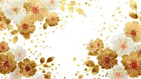 Elegant golden cherry blossoms with red centers on white background, creating luxurious floral border with gold leaf accents and scattered dots.