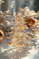 Crystal glass Christmas tree decoration with warm LED lights glowing inside, surrounded by golden ornaments and snowy branches in soft bokeh background.