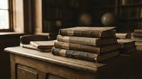 Stack of antique leather-bound books on wooden table in vintage library setting with warm natural lighting creating scholarly atmosphere for education content.