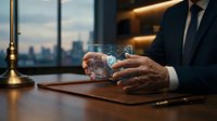 Professional businessman in suit holding whiskey glass in modern office with city skyline view during evening hours for corporate lifestyle concepts.