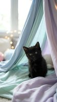 Black kitten sitting under draped pastel fabric tent with soft bokeh window light in background, suitable for pet, lifestyle, and cozy home decor content.