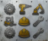 Industrial construction tools and equipment icons set on metal background with gears, drill, excavator, forklift, helmet and wrench for manufacturing design.