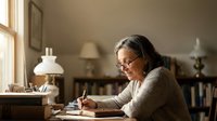 Senior woman with gray hair and glasses writing at wooden desk in cozy home office with warm natural lighting from window.