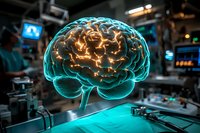 Glowing turquoise hologram of human brain with orange neural activity floating above medical operating room table during neurosurgery procedure.