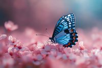 Blue butterfly with white spots perched on pink flowers, surrounded by soft bokeh background. Suitable for nature, wildlife, and garden design projects.
