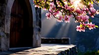 Pink cherry blossoms frame ancient stone archway entrance with wooden door, sunlight streaming through petals creating dramatic shadows on weathered stone path.