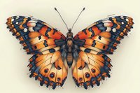 Painted monarch butterfly with orange and black wings spread wide against light background, detailed wing pattern shows nature's intricate design. Suitable for nature prints.