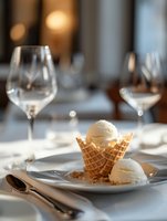 Elegant dessert presentation with vanilla ice cream scoops in waffle cone pieces on white plate, wine glasses and soft restaurant ambiance in background.
