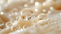 Macro photography of pure water drops on beige textured surface with soft bokeh background creating dreamy atmosphere. Natural morning dew closeup shows surface tension.