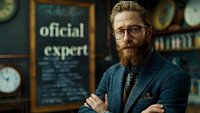 Professional bearded businessman in glasses and stylish blazer standing confidently against chalkboard background, perfect for corporate identity, leadership and expertise concepts.