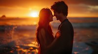 Romantic silhouette of young couple embracing at golden sunset on beach with ocean waves and dramatic sky creating magical atmosphere for wedding photography.